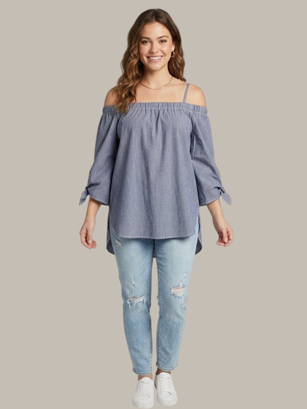 NWT Seven Sisters Blue White Striped Off-Shoulder Blouse S